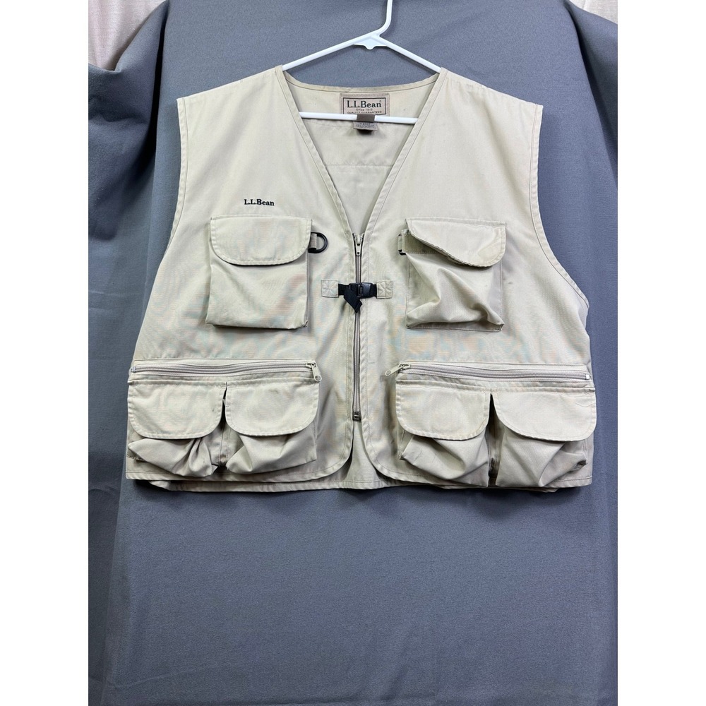 LL Bean Men's XL Utility Fishing Vest Tan Khaki Multi Pocket Gorpcore RN 71341‎